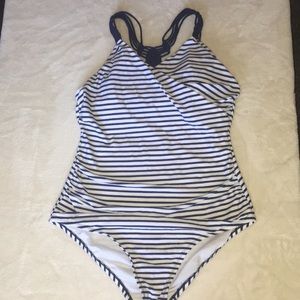 Women's Macrame Strap One Piece Swimsuit Navy White Striped Kona